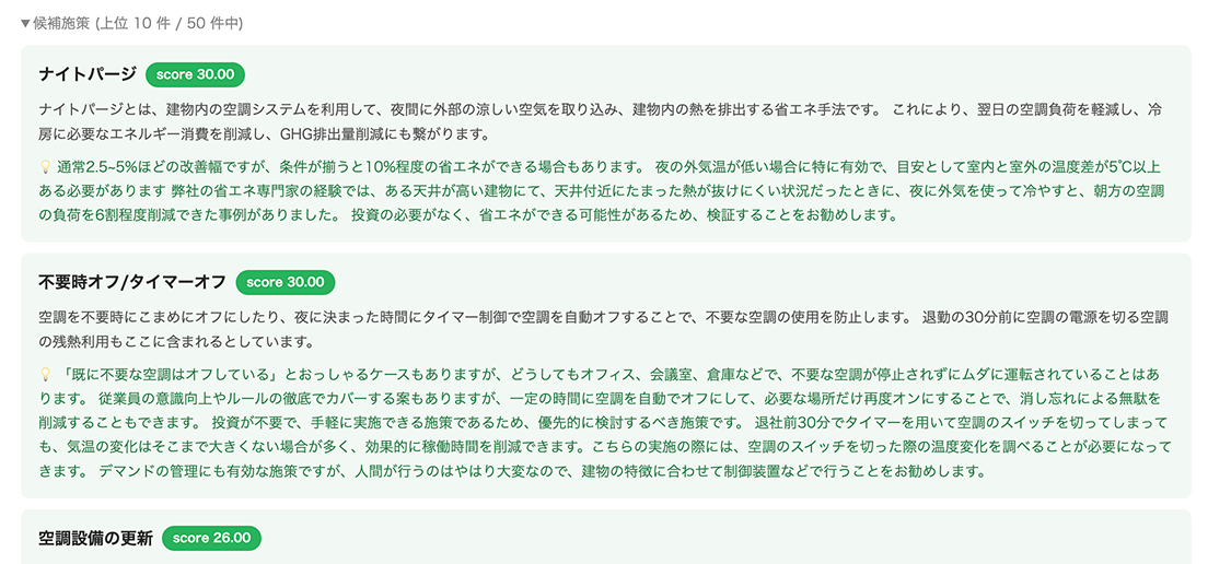 省エネ施策レコメンド 候補施策（架空例）